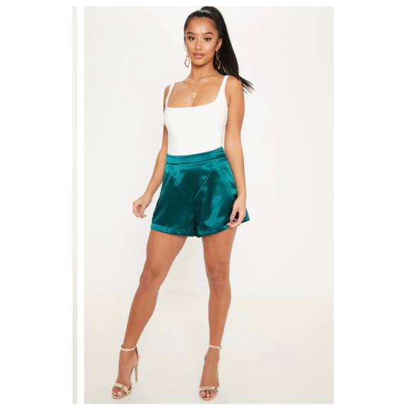 Emerald Green Satin High Waist Shorts - Picture 1 of 7